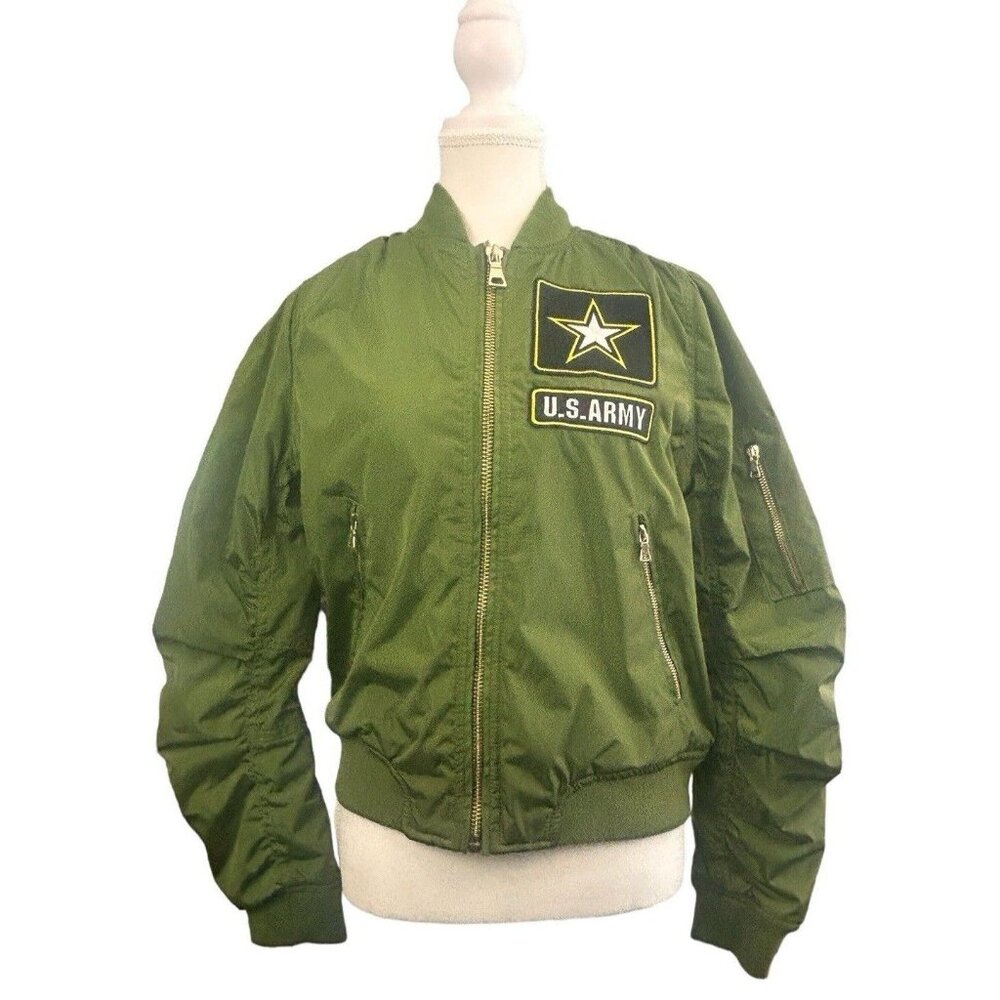 US Army Green Bomber Jacket Adult Full Zip Patches Gold Zip Casual Coat Small